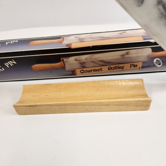 White Marble Rolling Pin Wooden Handles & Stand Gourmet Vintage Boxed - Picture 7 of 11